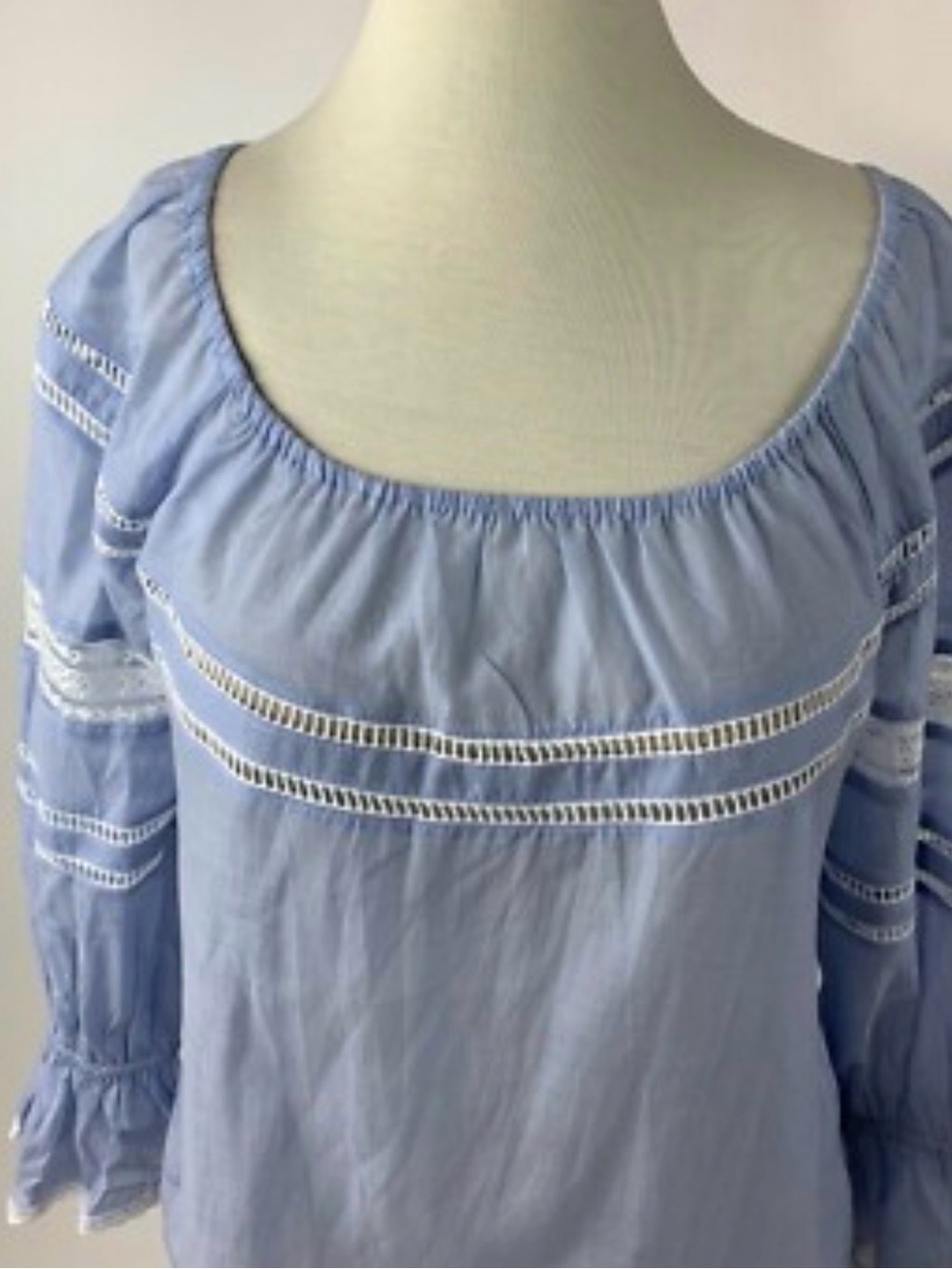 Light Blue Peasant Blouse with Lace Eyelet Trim NWOT